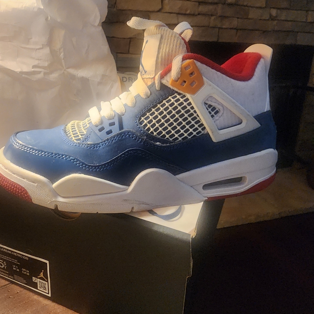 AIR JORDAN 4 RETRO KIDS FRENCH BLUE, WHITE GYM RED, BLUE FRANCE, ROUGE GYM 5.5Y
